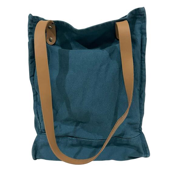 FEED Project Canvas Market Tote Shoulder Bag Blue with Leather Straps - Picture 5 of 8